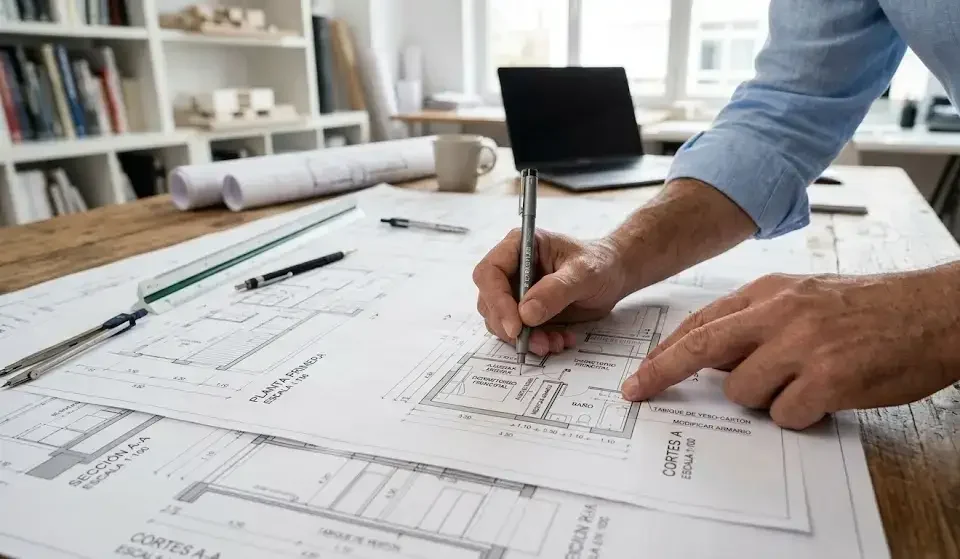 Arquitecto de Valandecor trabajando en los planos técnicos para la construcción de una vivienda unifamiliar en Madrid.