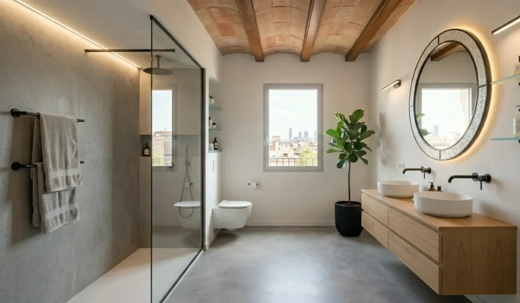 Reforma de baño moderno en Madrid por Valandecor. Plato de ducha a ras de suelo, mampara y mueble de diseño.