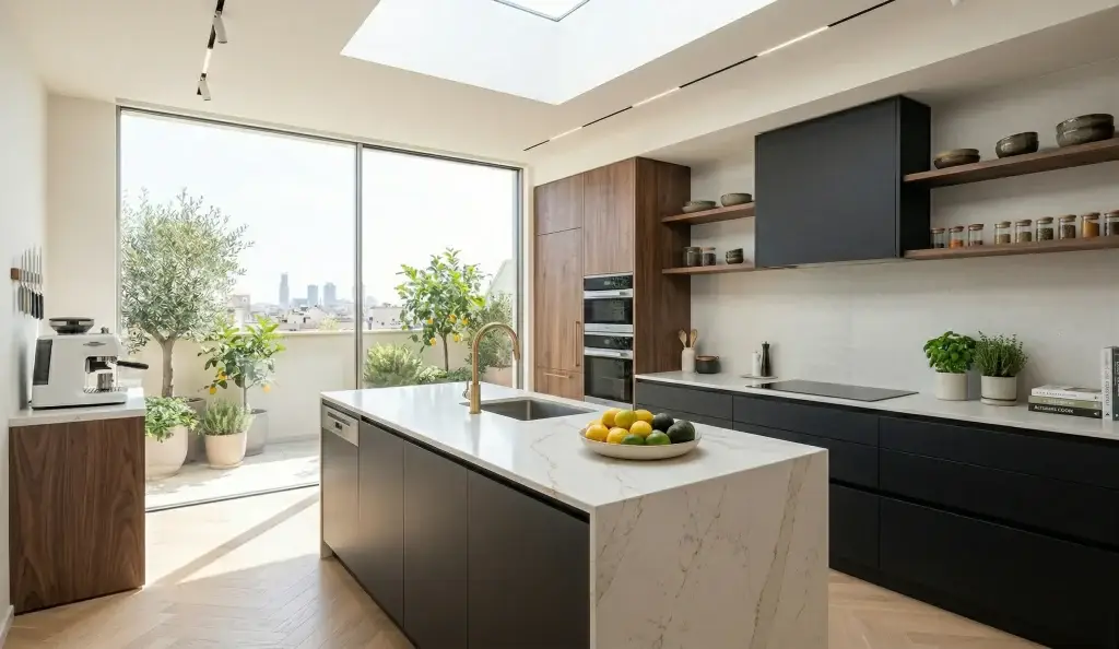 Reforma de cocina moderna con isla central. Instalación de encimeras y muebles a medida en Madrid por Valandecor.