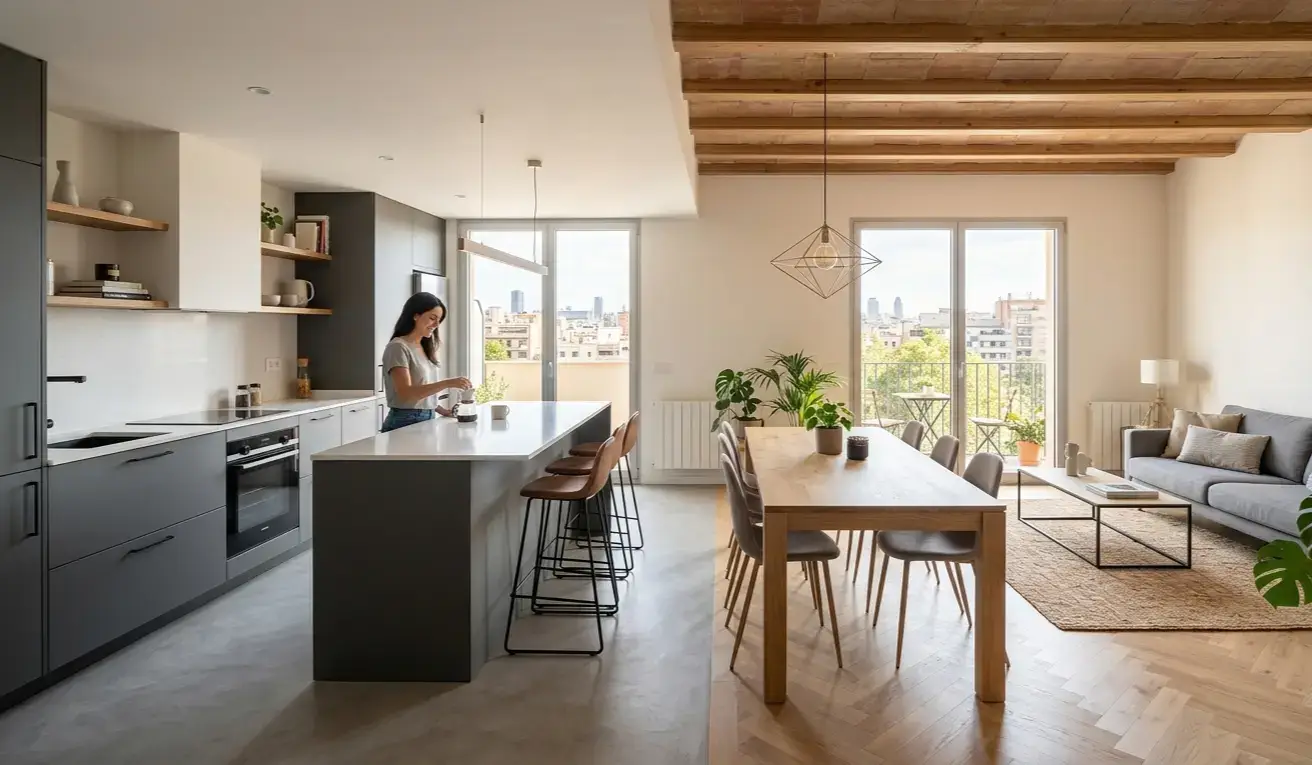 Reformas en Madrid integral de salón y cocina moderna abierta en. Acabados de alta calidad y diseño por Valandecor.