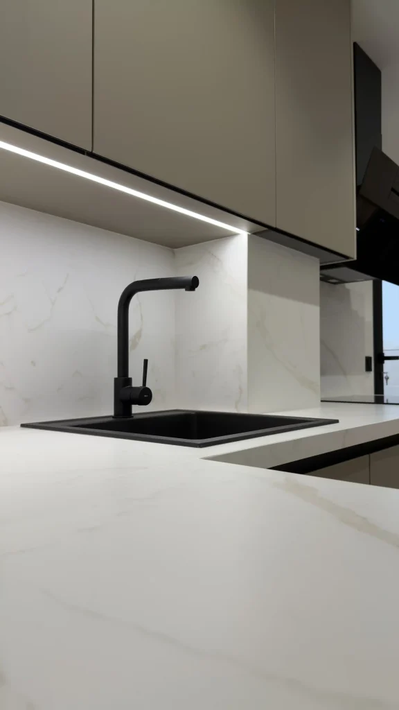 Detalle de encimera porcelánica blanca efecto mármol con fregadero bajo encimera y grifería negra mate en Madrid