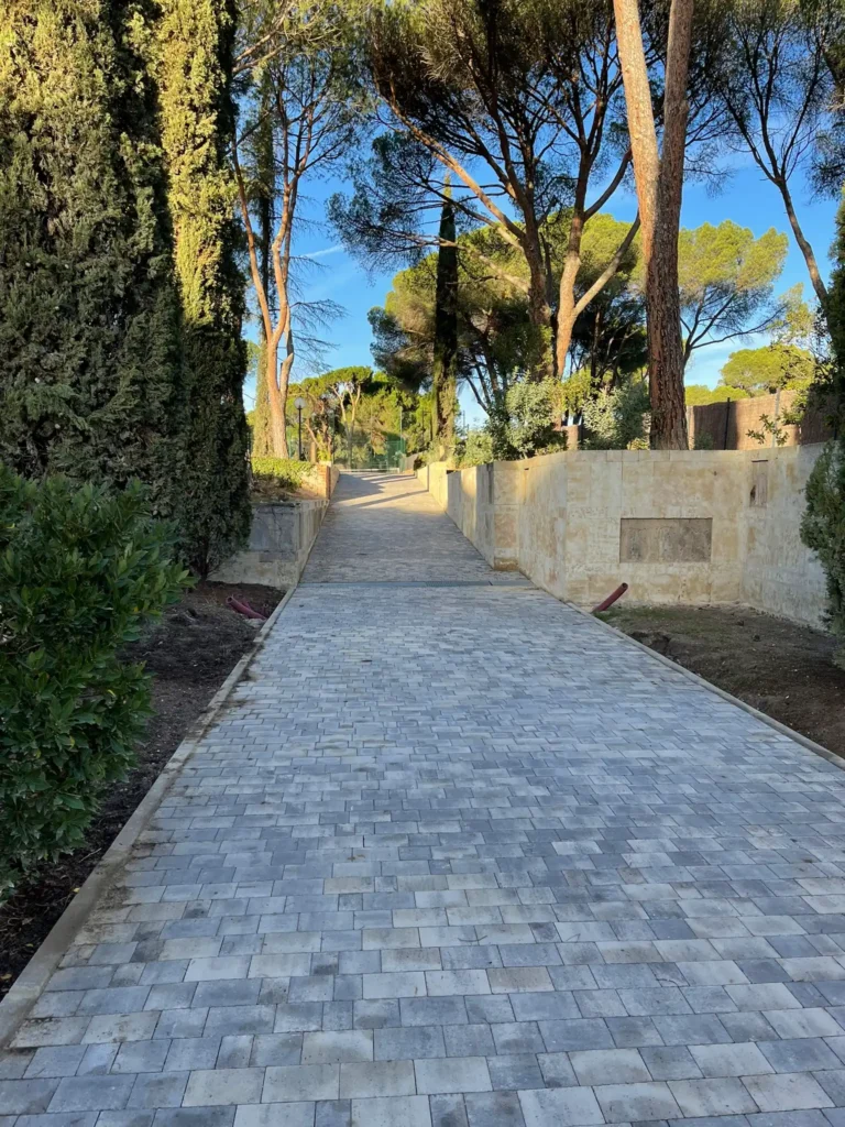 Camino de entrada exterior pavimentado en piedra y bordeado por pinos centenarios en extensa finca privada en Pozuelo.