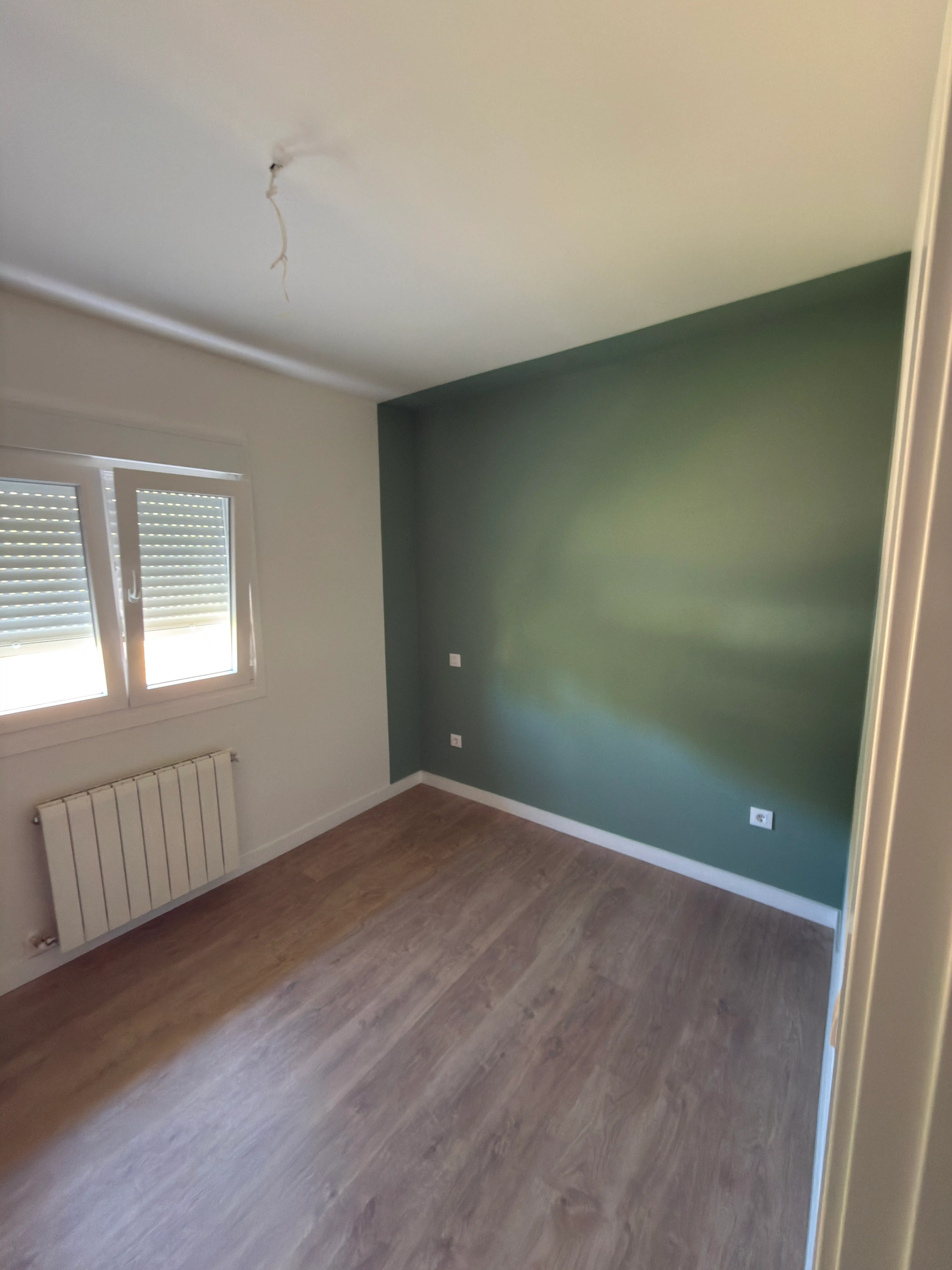 Espacio interior con pared en tono verde oscuro, radiador nuevo y pavimento laminado de madera.