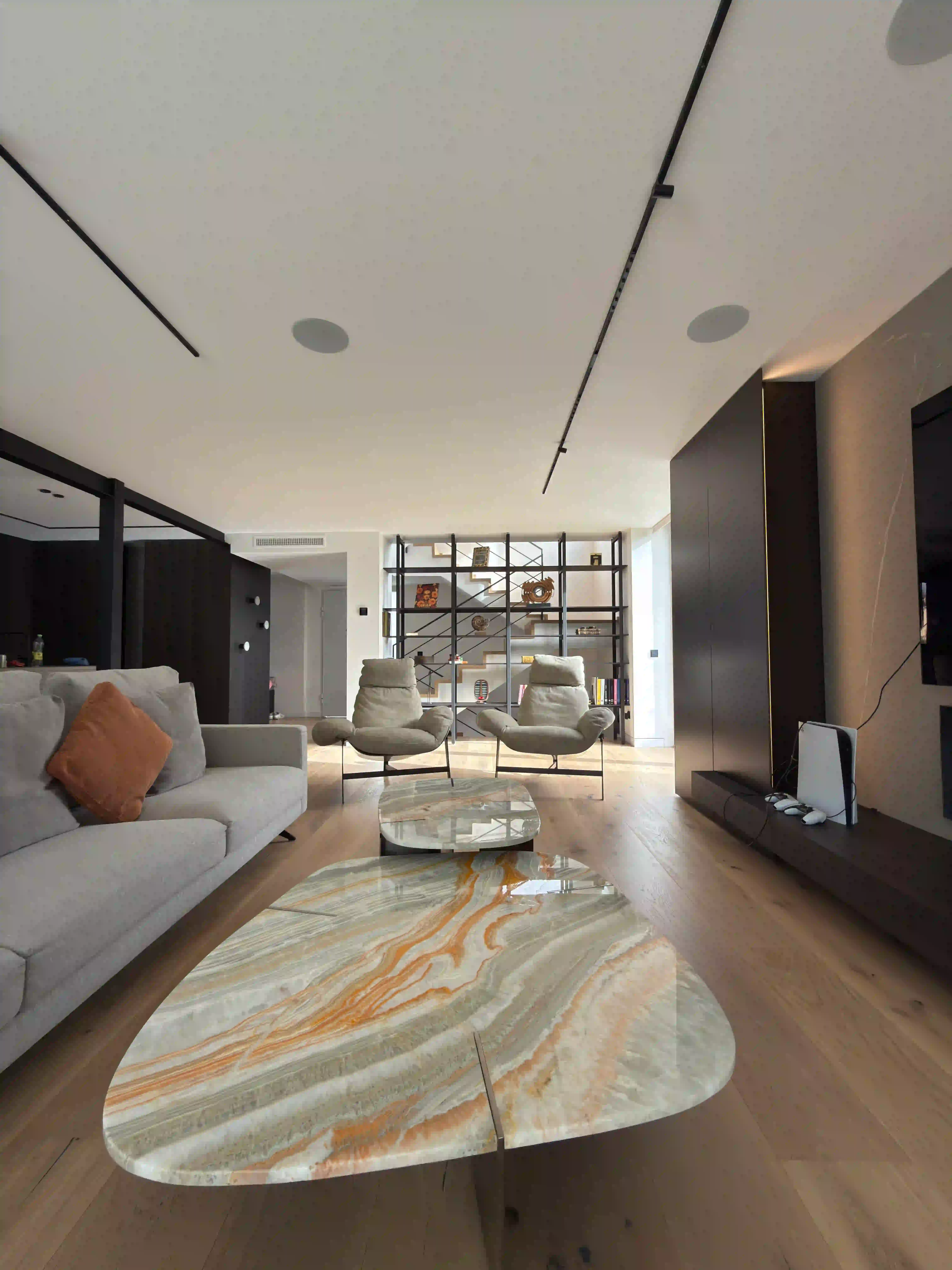 Salón contemporáneo con diseño de iluminación técnica lineal en techo y mobiliario de alta gama en vivienda unifamiliar.