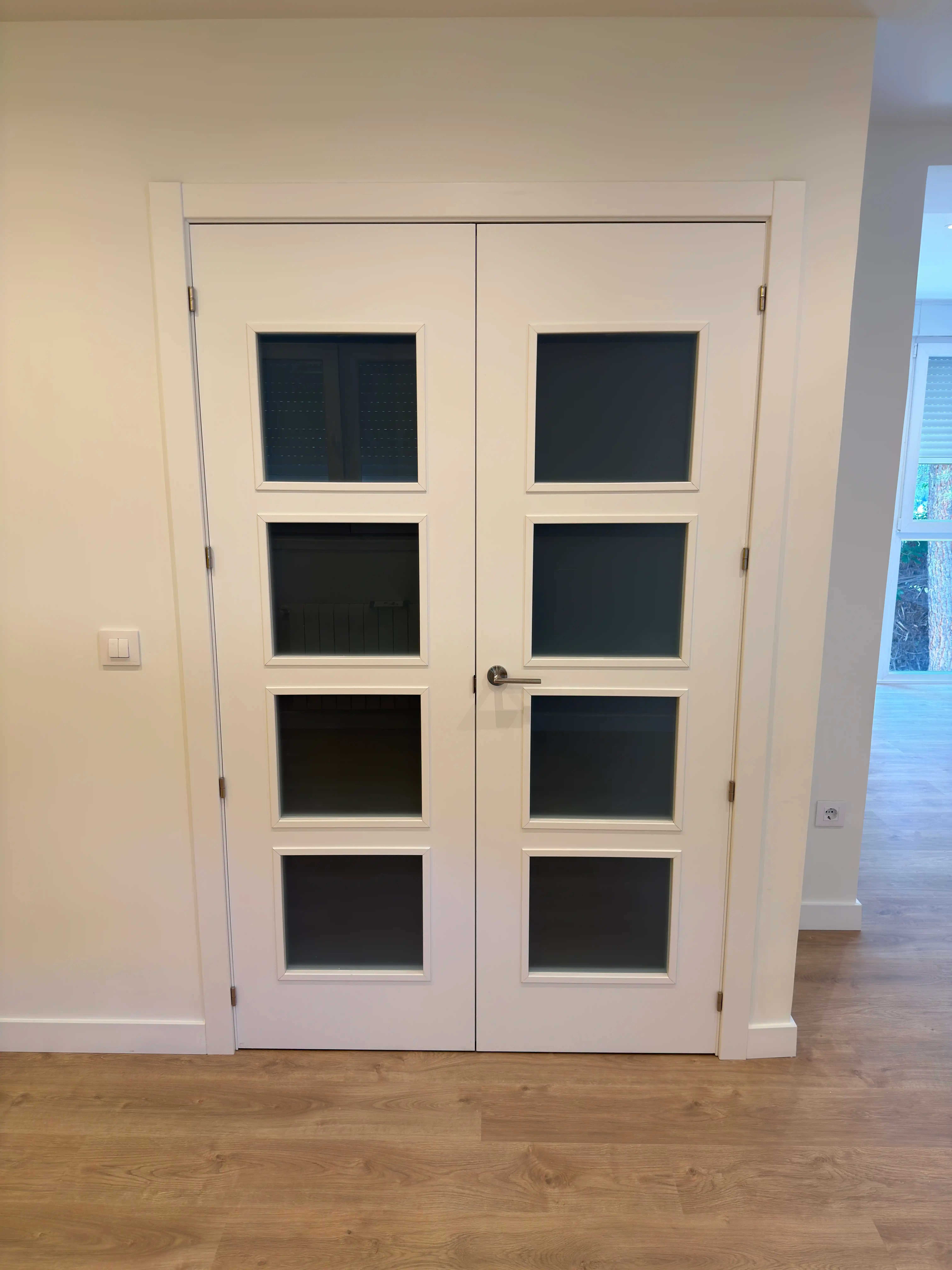 Puertas dobles blancas con paneles de cristal instaladas durante la renovación interior.