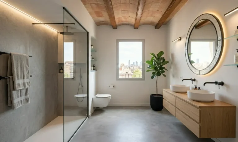 Especialistas en Reformas de Baños en Madrid - Valandecor Reforma de baño moderno en Madrid por Valandecor. Plato de ducha a ras de suelo, mampara y mueble de diseño.