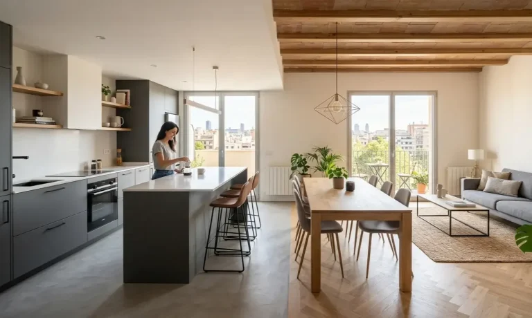 Reformas Integrales en Madrid - Valandecor Reforma integral de salón y cocina moderna abierta en Madrid. Acabados de alta calidad y diseño por Valandecor.